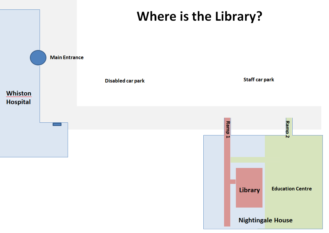 Map showing where the library is in the grounds of Whiston Hospital