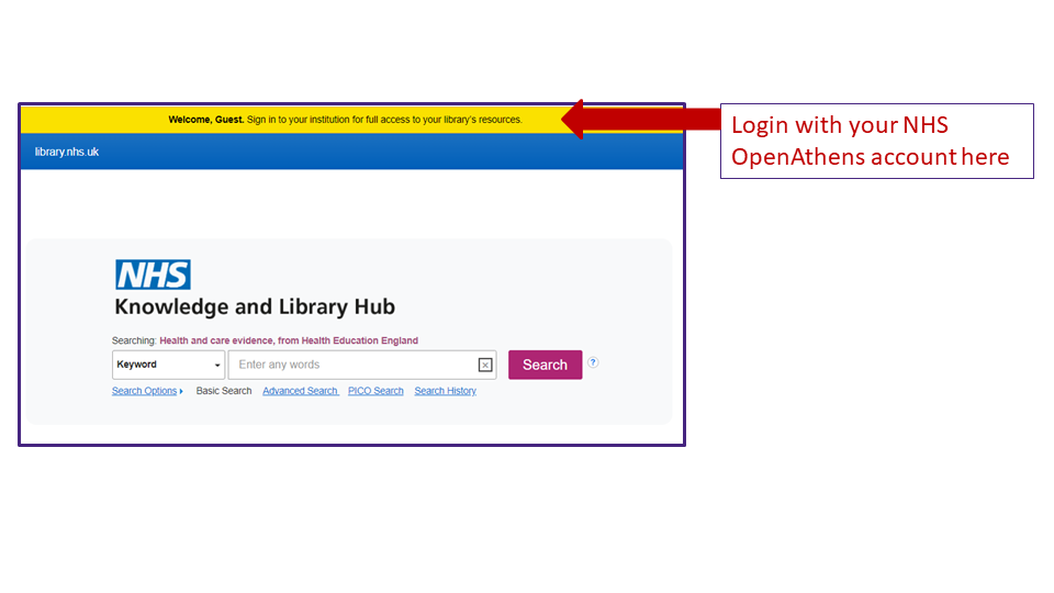 Screenshot showing the first page of the NHS Knowledge and Library hub with an arrow pointing to the top which is coloured yellow and where you should login with your NHS OpenAthens account.