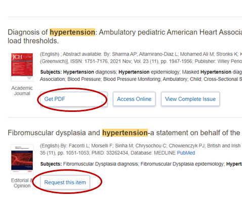 Screenshot of 2 results. The top one has a button ringed that says "Get PDF". The bottom one is ringed and says "Request this item".