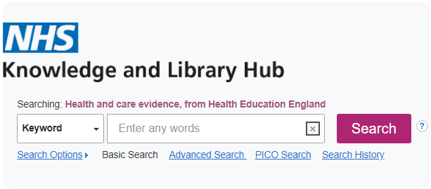 NHS Knowledge and Library Hub. Picture of the Search Box which is linked.