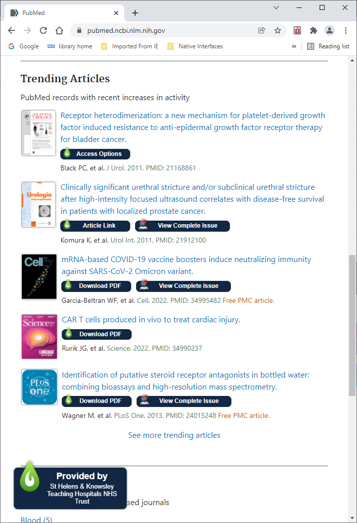 Screenshot of PubMed page which shows the different ways to access the articles using LibKey Nomad.