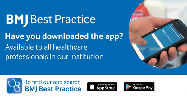 Image showing a mobile phone and informing healthcare professionals that they can download the BMJ Best Practice App